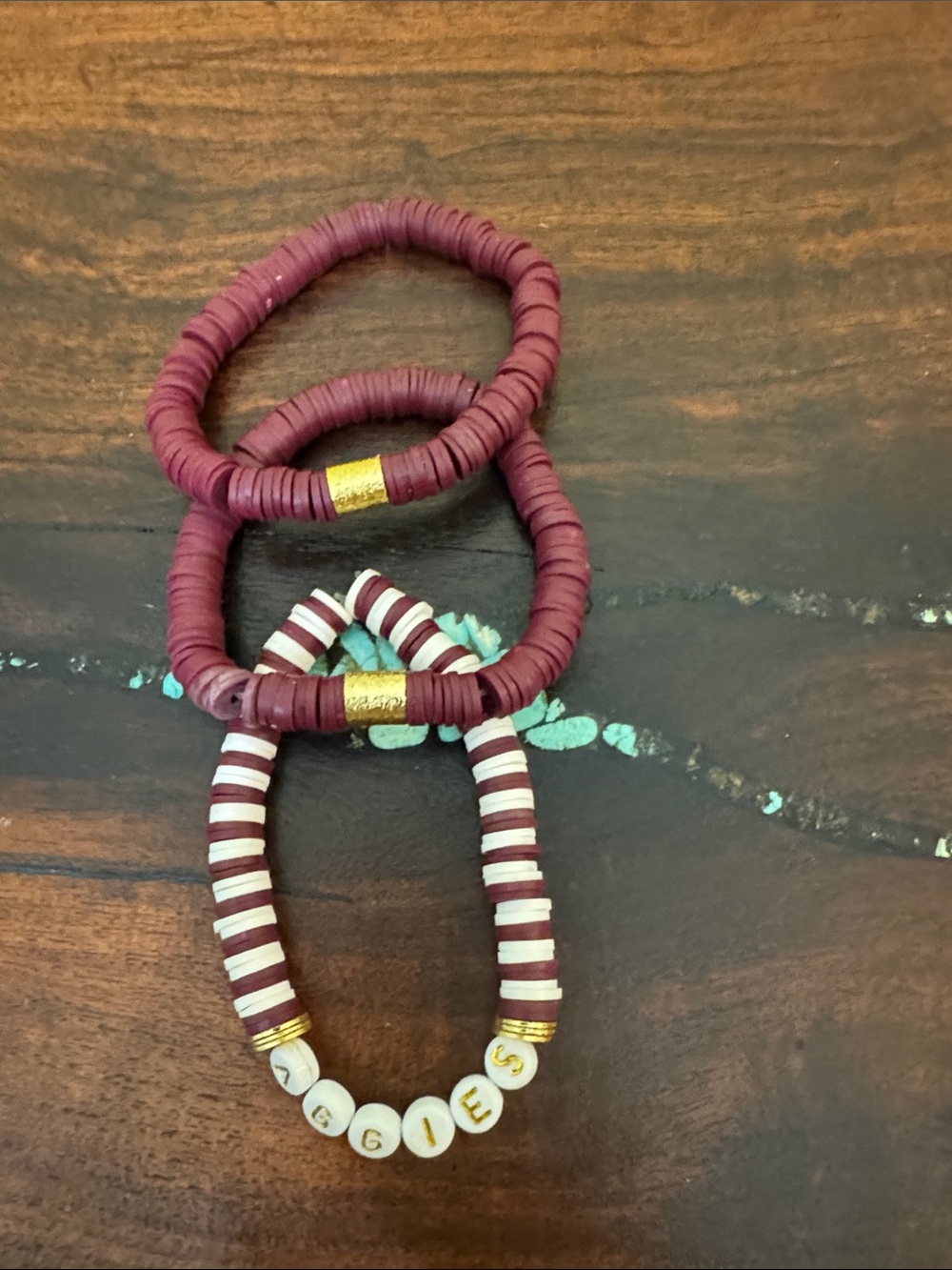 Women's Burgundy Beaded Bracelet Set - Personalized AGGIES Accent
